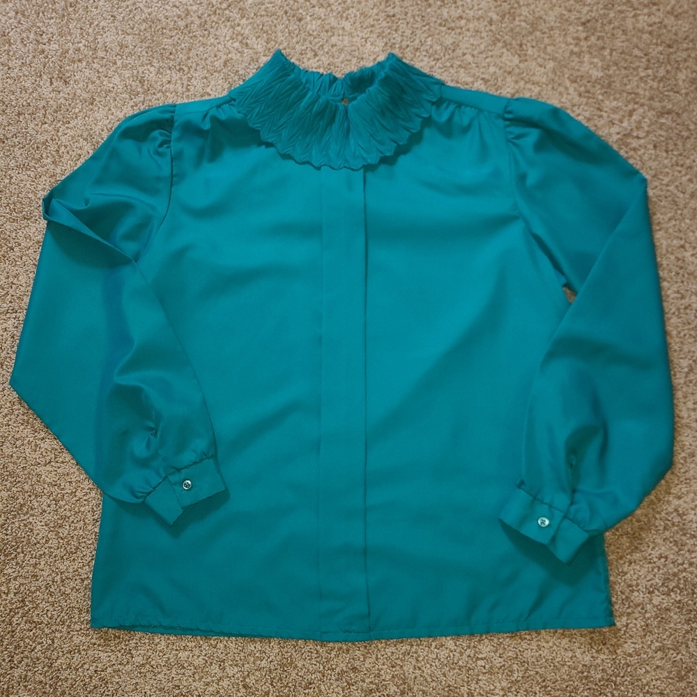 70s 80s Vintage Rhoda Lee Blouse Teal Turquoise Detailed Collar